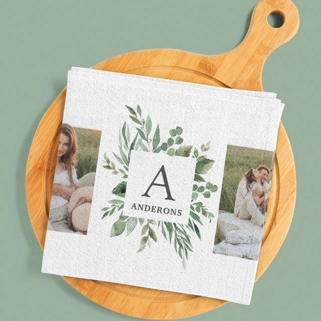 Monogram Two Photos | Personalised Greenery Frame Tea Towel (Creator Uploaded)