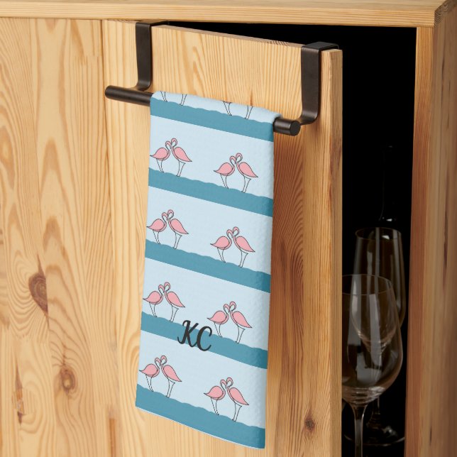 Monogram Two Pink Flamingos on the Water Pattern Tea Towel (Thirds Fold)