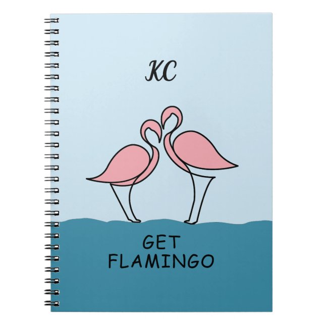 Monogram Two Pink Flamingos on the Water Quote Notebook (Front)