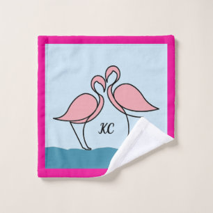 Monogram Two Pink Flamingos on the Water Wash Cloth