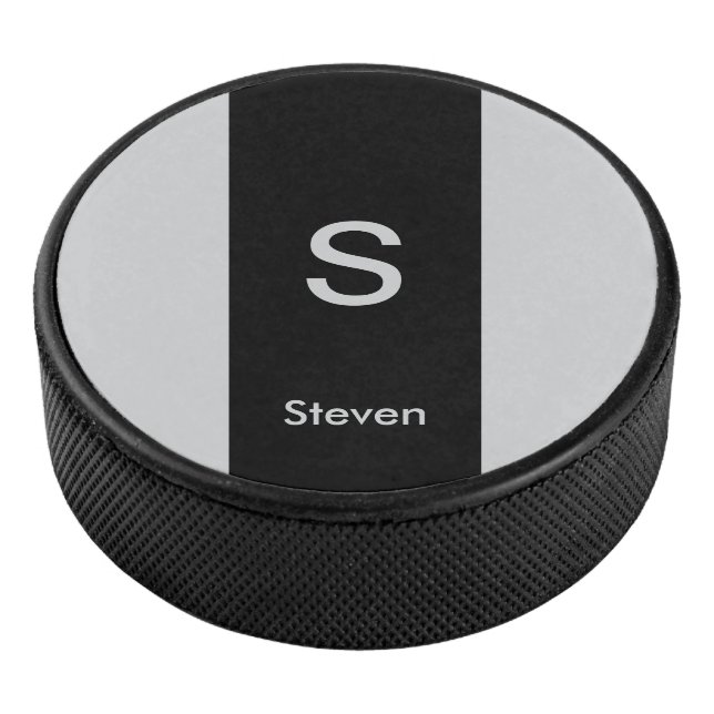 Monogram Two Tone Modern Black and Grey Hockey Puck (3/4)