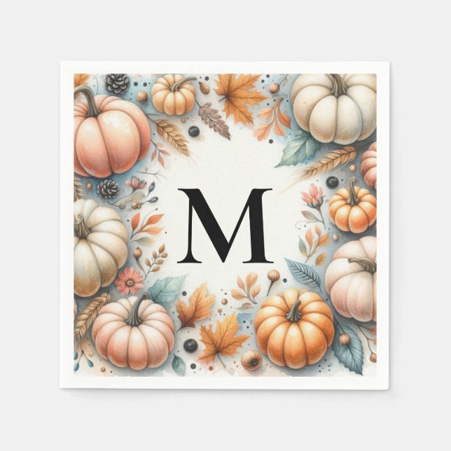 Monogram typography Fall pumpkins watercolor  Napkin (Front)