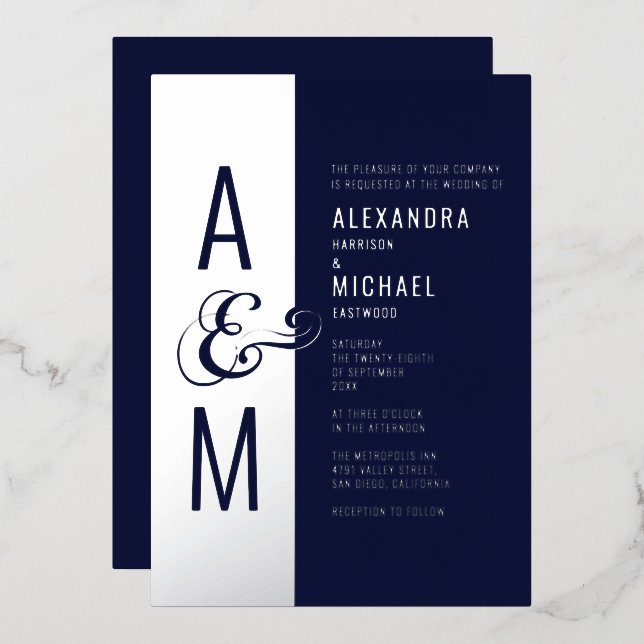 Monogram Typography Navy Blue Silver Wedding (Front/Back)