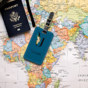 Monogram U cobalt watercolor flower Luggage Tag