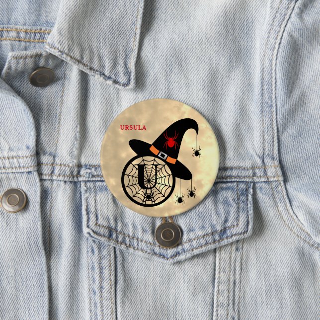Monogram U Halloween Sky Witch Spiders Name 7.5 Cm Round Badge (In Situ)