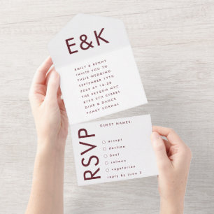 Monogram Ultra Modern Burgundy Maroon Wedding All In One Invitation