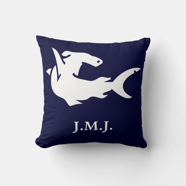Monogram under white shark on navy blue cushion (Front)