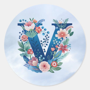 Monogram 'V' decorative floral design Classic Round Sticker