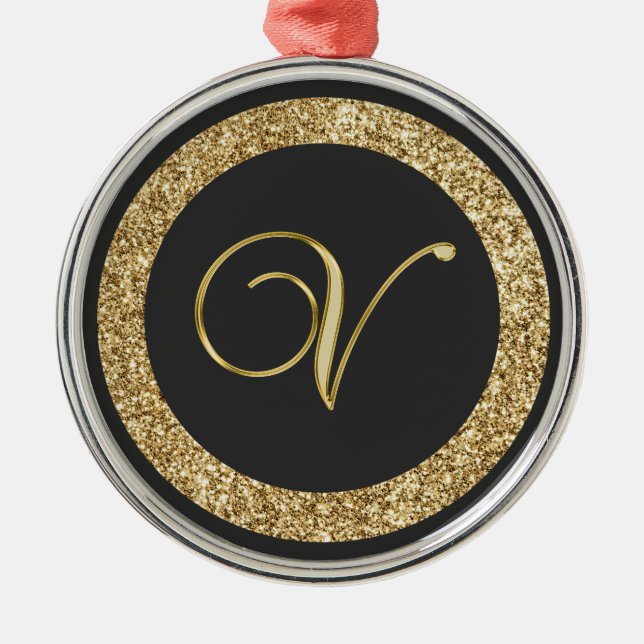 Monogram V, elegant golden script Metal Tree Decoration (Front)