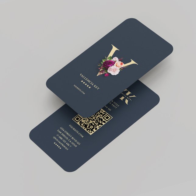 Monogram V Floral Professional Dark Blue Gold  Business Card (Monogram V Floral Professional Dark Blue Gold Business Card
)