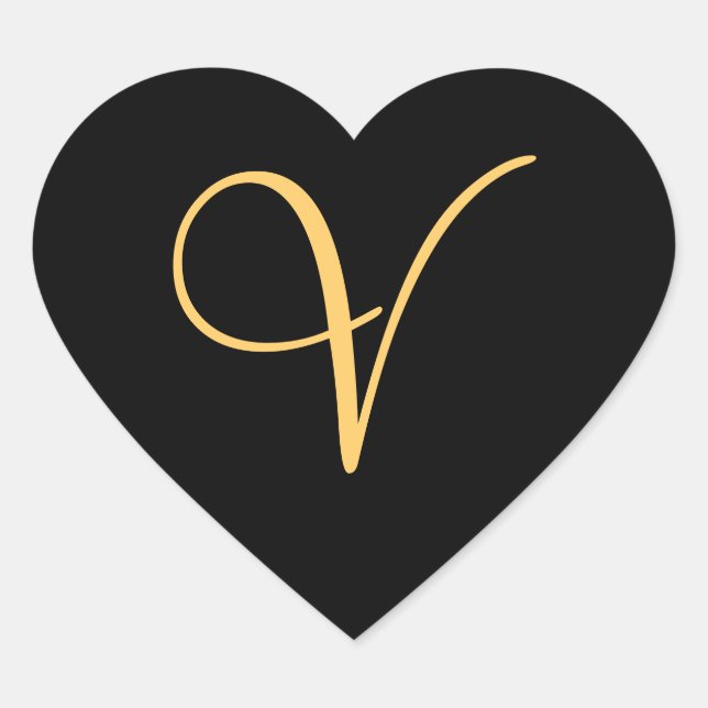 Monogram V,  gold coloured initial V on black, Heart Sticker (Front)