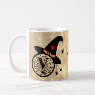 Monogram V Halloween Sky Witch Spiders Name Coffee Mug