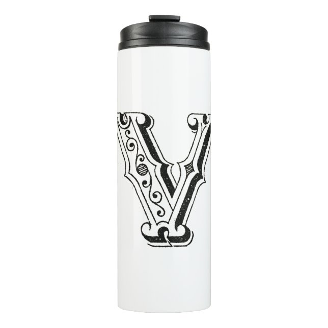 Monogram V, Letter V, Alphabet V, Black and White Thermal Tumbler (Front)