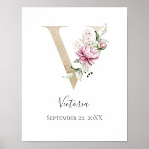 Monogram V Pink White Floral Gold Letter Nursery Poster