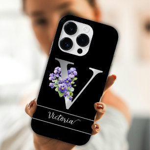Monogram V silver custom name blue violets black Case-Mate iPhone 14 Pro Case