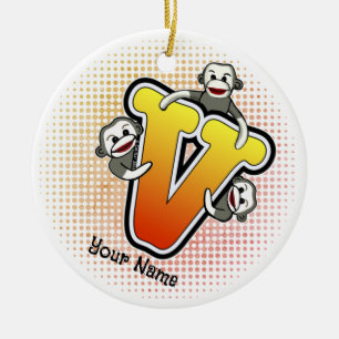 Monogram V Sock Monkey  Ceramic Tree Decoration