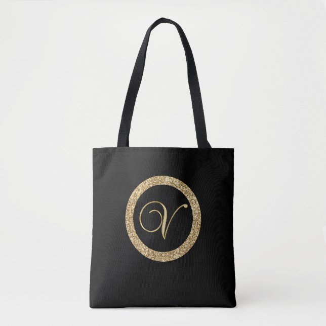 Monogram V, sparkling gold on midnight black, Tote Bag (Front)