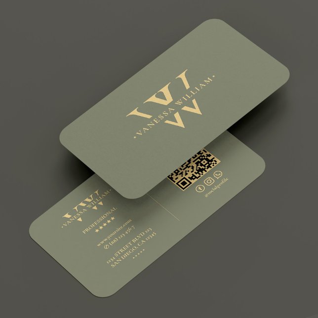 Monogram V W Logo Elegant Modern Sage Green Business Card (Monogram V W Logo Elegant Modern Sage Green Business Card
)