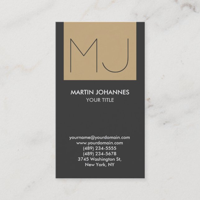 Monogram Vertical Elegant Grey Beige Business Card (Front)