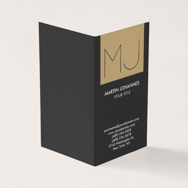 Monogram Vertical Elegant Grey Beige Business Card (Outside)