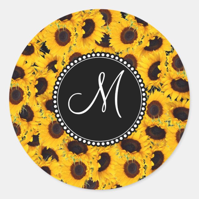 Monogram Vibrant Beautiful Sunflowers Floral Classic Round Sticker (Front)