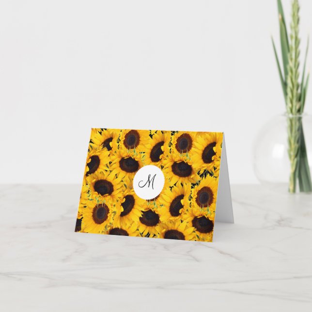 Monogram Vibrant Beautiful Sunflowers Floral Note Card (Front)