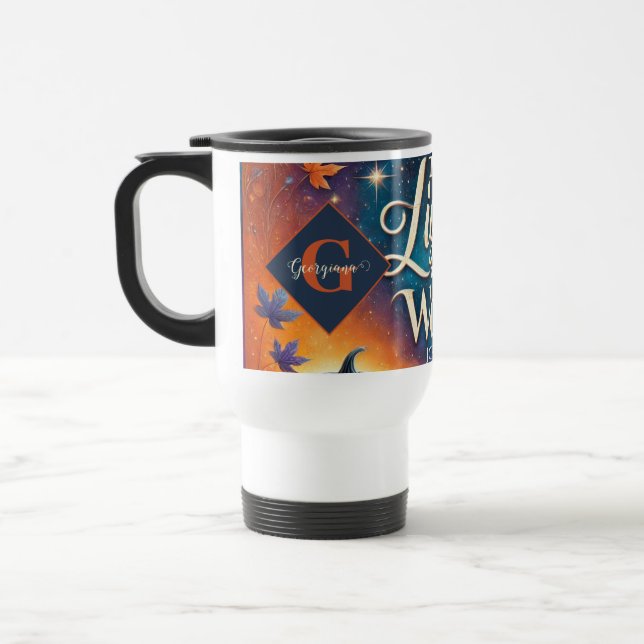 Monogram Vibrant Christian Halloween Bible Verse Travel Mug (Left)