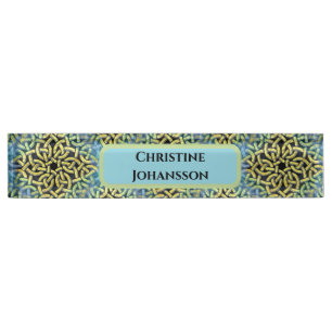 Monogram Victorian Golden Trim Aqua Background Nameplate