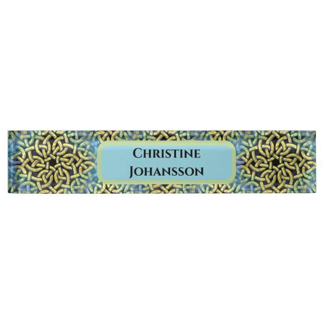 Monogram Victorian Golden Trim Aqua Background Nameplate (Front)