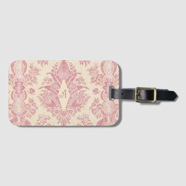 Monogram Victorian Pink Damask Pattern  Luggage Tag (Front Horizontal)