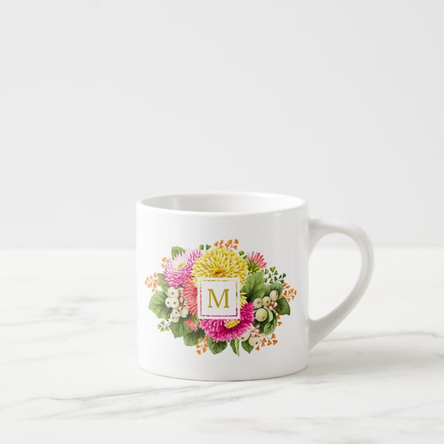 Monogram Vintage Asters Hot Pink Espresso Mug (Right)