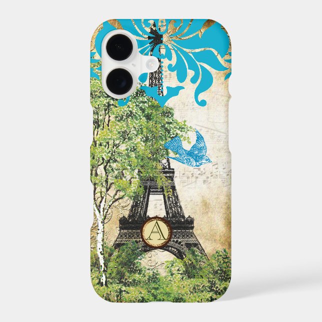 Monogram Vintage Bird Effiel Tower Damask iPhone (Back)