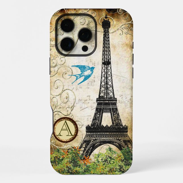 Monogram Vintage Bird Eiffel Tower iPhone Case (Back)