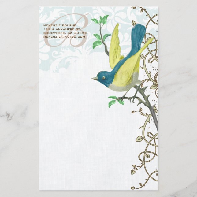 Monogram Vintage Bird Vintage Treasures Stationery (Front)