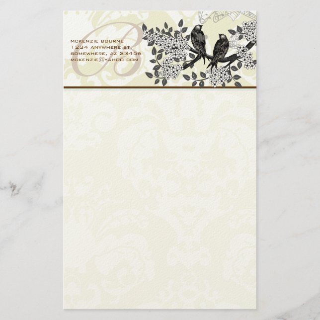 Monogram Vintage Birds Flowering Branch Stationery (Front)