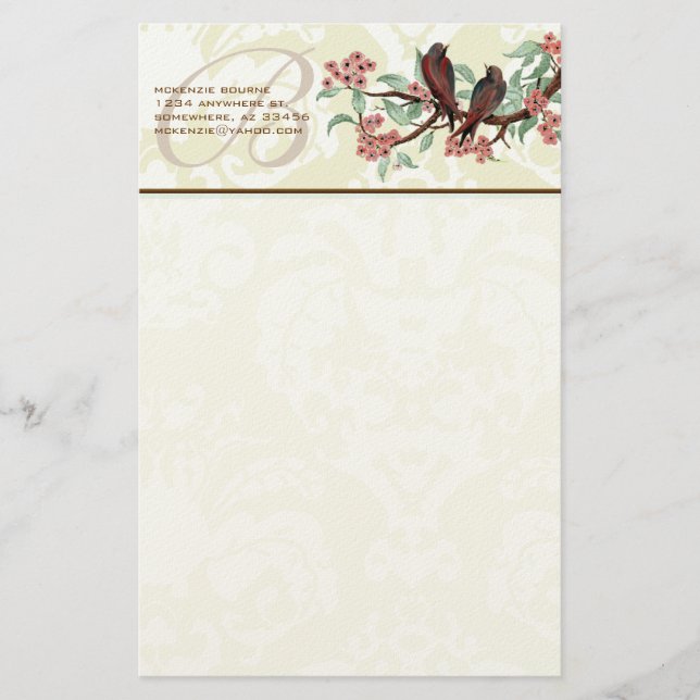 Monogram Vintage Birds Flowering Branch Stationery (Front)