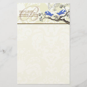 Monogram Vintage Birds Flowering Branch Stationery