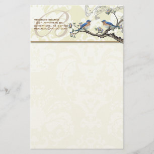 Monogram Vintage Birds Flowering Branch Stationery