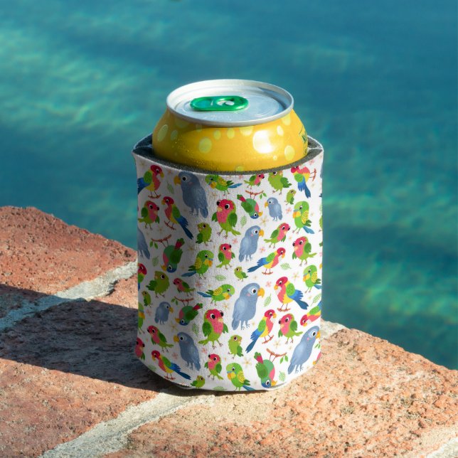 Monogram Vintage Birds Pattern, Colourful parakeet Can Cooler (In Situ Pool)