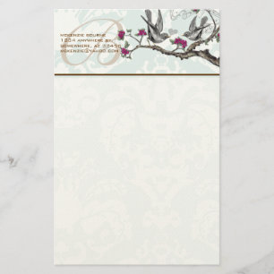 Monogram Vintage Birds Plum Flowers Stationery