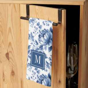 Monogram Vintage Blue White Floral Roses Tea Towel