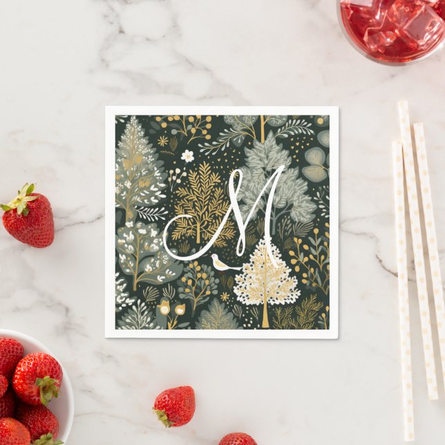 Monogram Vintage Boho Green Gold Christmas Trees Napkin (Insitu)