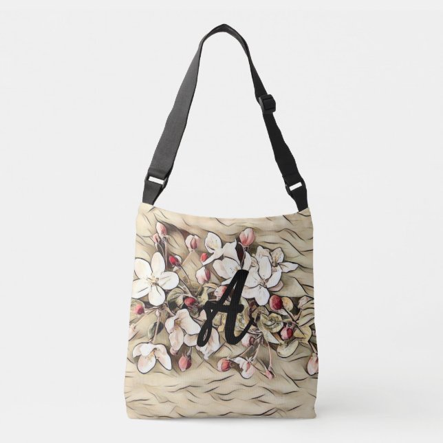 Monogram Vintage brown cherry blossoms drawing  Crossbody Bag (Front)