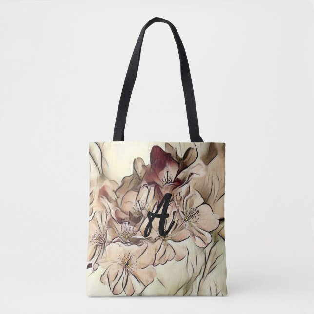 Monogram Vintage brown cherry blossoms drawing  Tote Bag (Front)
