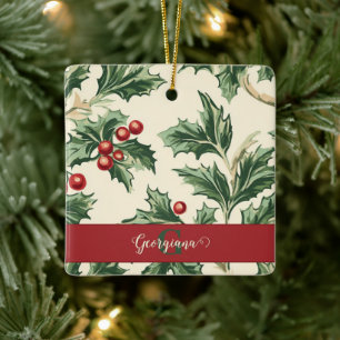 Monogram Vintage Christmas Holly & Berries Pattern Ceramic Ornament