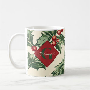Monogram Vintage Christmas Holly & Berries Pattern Coffee Mug