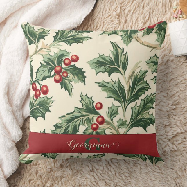 Monogram Vintage Christmas Holly & Berries Pattern Cushion (Blanket)
