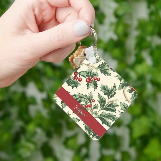 Monogram Vintage Christmas Holly & Berries Pattern Key Ring (Hand)