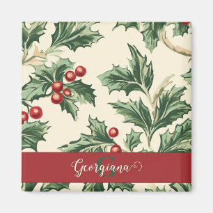 Monogram Vintage Christmas Holly & Berries Pattern Magnet