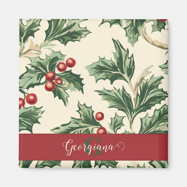 Monogram Vintage Christmas Holly & Berries Pattern Magnet (Front)